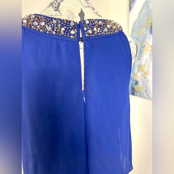 S.L. Fashions Stunning Navy Layered Midi Dress Beaded Neckline Stylish Size 6 - Picture 9 of 10